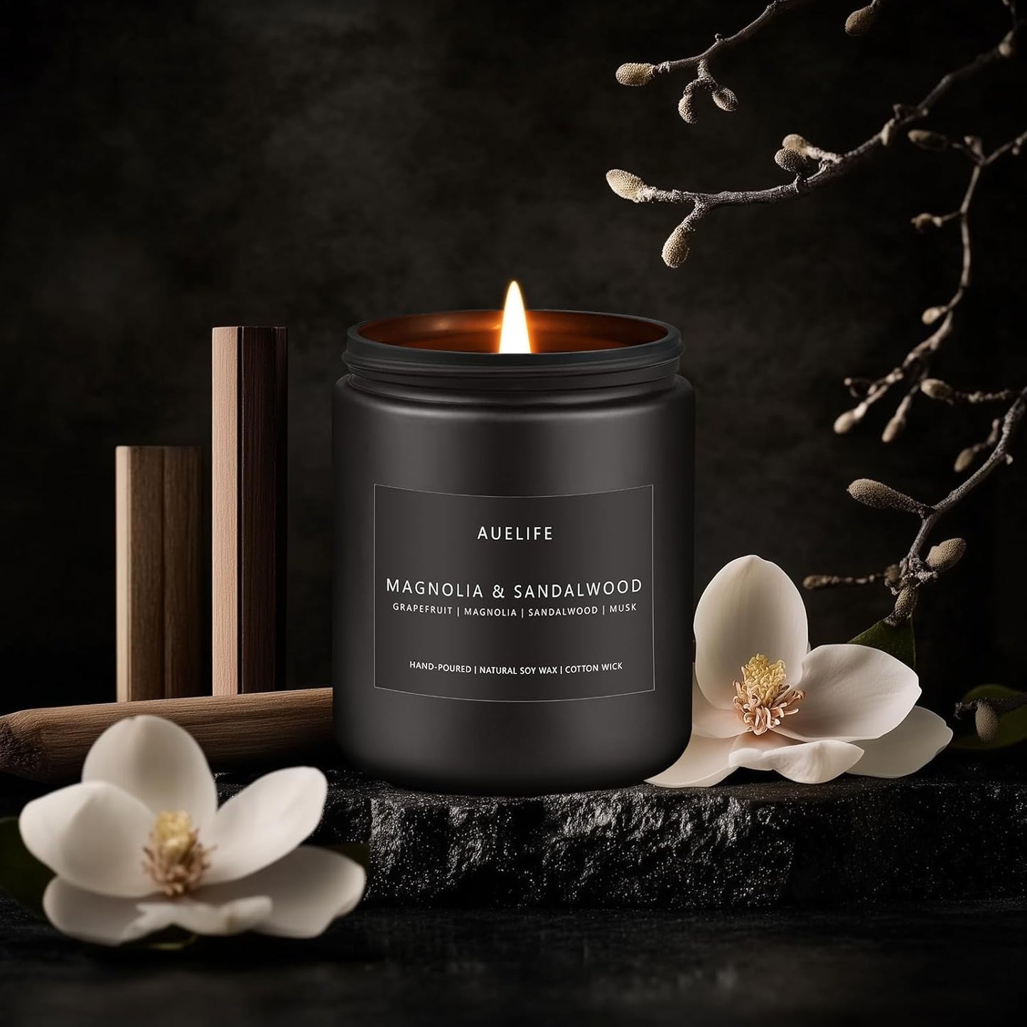 Magnolia & Sandalwood Candle | Masculine Candle - Candles for Men, Soy Candles for Home Scented, Manly Scented Decor for Home - Gifts for Men, 7oz Black Jar, Long Lasting