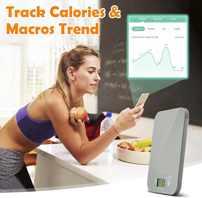 Smart Food Scale for Calorie Counting, Digital Food Scale with Nutritional Calculator, Bluetooth Food Weight Scale for Weight Loss, Diabetics, Macro, Diet, Baking 3g-5kg, 0.1oz