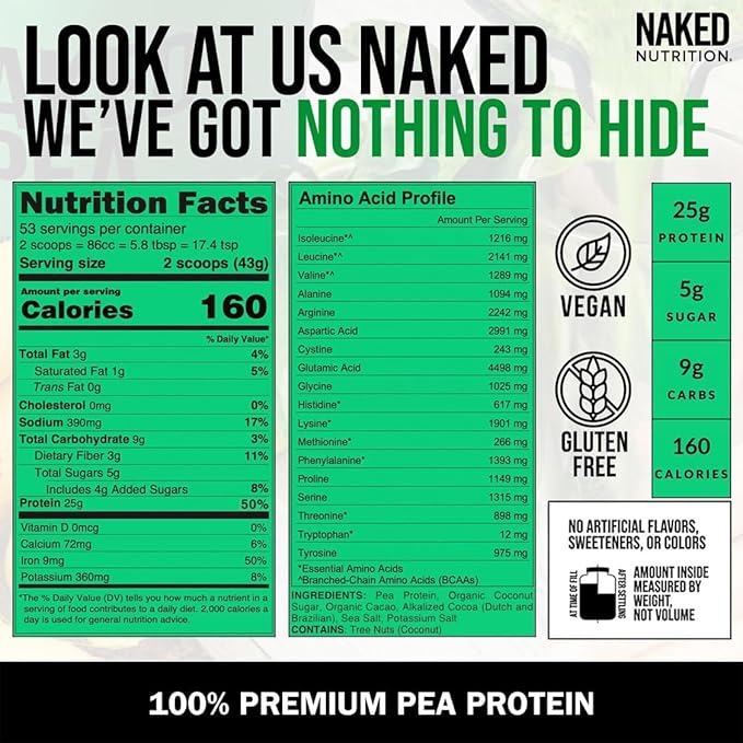 Naked Pea - Double Chocolate Protein from US & Canadian Farms, Organic Cocoa, Organic Coconut Sugar - No GMO, No Soy, and Gluten Free, Aid Growth and Recovery - 53 Servings