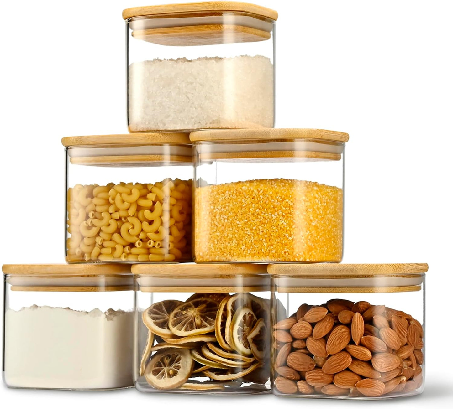 22oz Airtight Square Spice Containers with Bamboo Lid Set of 6 (650ml) Kitchen Pantry Organization Jar Stackable Spice Jar, for Sugar, Tea, Cookies and Coffee beans (with Black Lable)