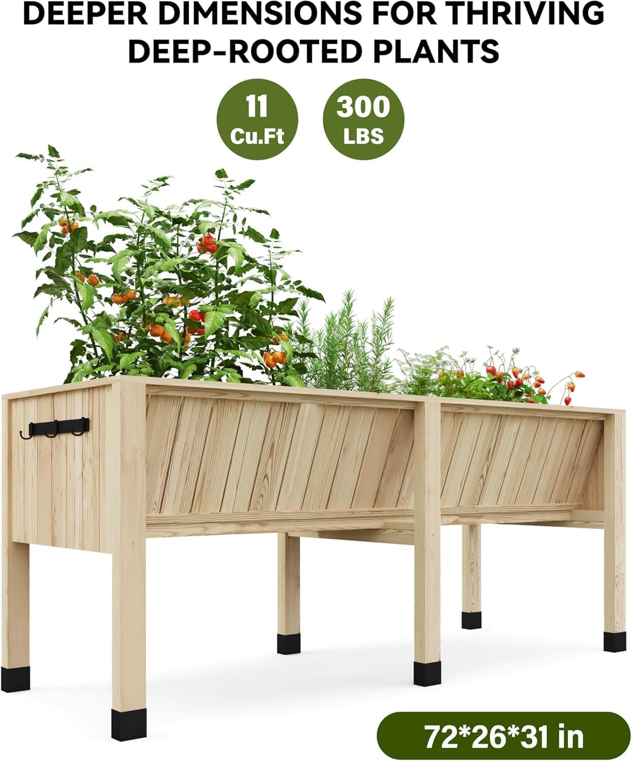 72x26x31 Inch Raised Garden Bed with Legs, 13.7In Depth Wooden Planter Box for Outdoor Growing Vegetables and Herbs, Elevated Garden Bed with Hooks for Backyard, Patio, Balcony