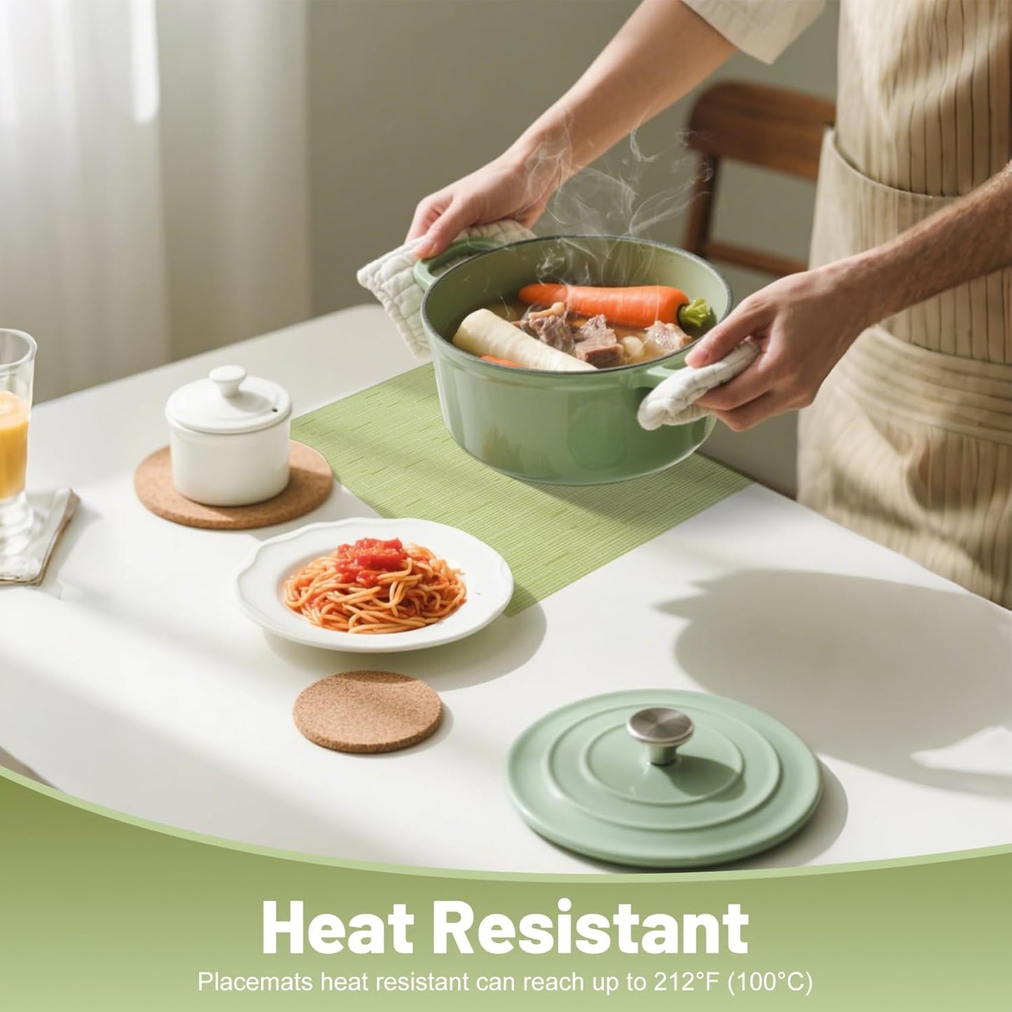 Placemats Set of 8,Non-Slip PVC Weave Table Mats Easy to Clean,Heat Resistant Place Mats for Kitchen Dining Table Decoration Indoor Outdoor,Pea Green