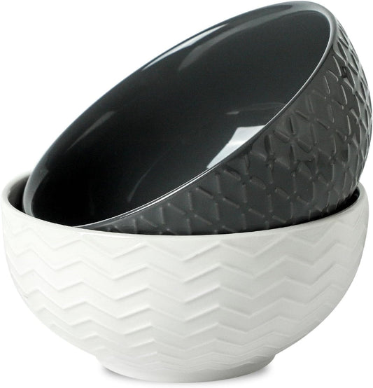 Hasense 26 OZ Soup Bowls, Ceramic Cereal bowls Set of 2 for Kitchen, Embossed Stoneware Porcelain Salad Bowls for Soup, Cereal, Oatmeal, Fruit, Microwave Dishwasher Safe, White And Gray