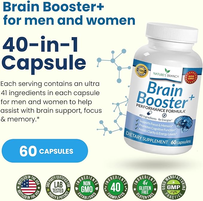 40-in-1 Brain Booster Supplement For Focus, Memory, Clarity, Energy | Advanced Vitamins Plus eBook | For Men & Women, Cognitive Function Nootropic Support with DMAE, Brain Health Formula | 60 Capsules