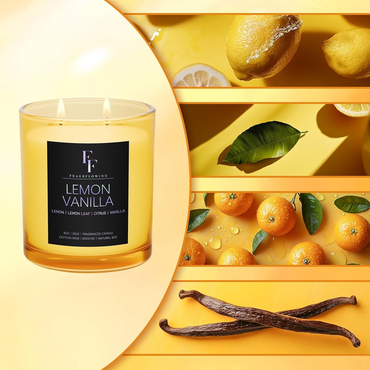 Lemon Vanilla Scented Candle, 2-Wick Luxury Soy Wax Candle, 9 oz Aromatherapy Candle Home Fragrance Candles Gift