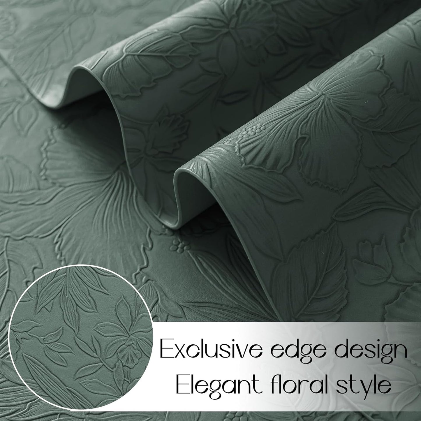 Romanstile Vinyl Placemats Set of 4-12 X 18 Inch - Heat Resistant Non-Slip Embossed Floral Place Mats 100% Waterproof Oilproof Wipeable Faux Leather Table Mats for Kitchen/Dining/Party, Green