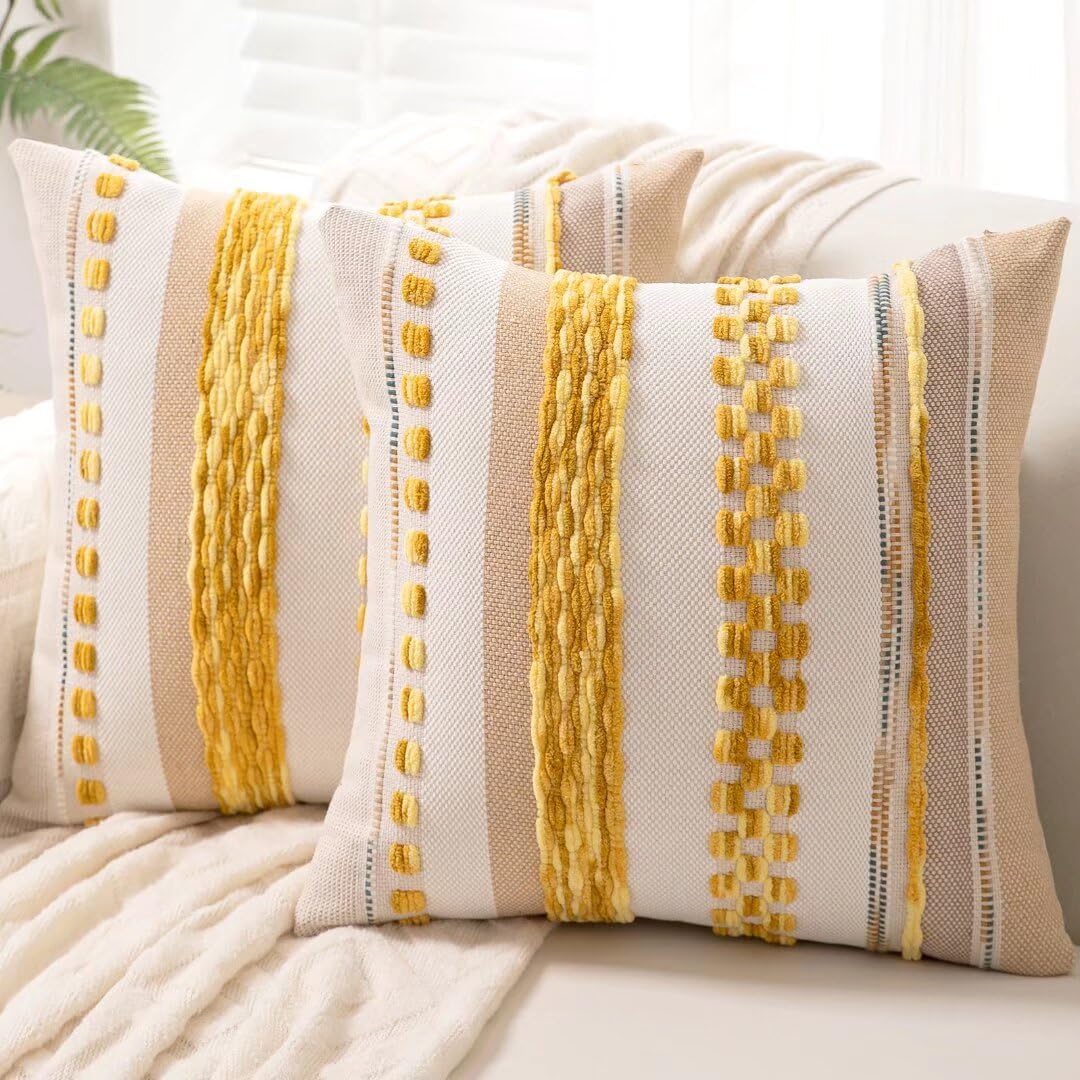 Boho Throw Pillow Covers 18x18 Set of 2 Farmhouse Decorative Cushion Case Striped Square Pillows Cover Chenille Pillow Cases Accent Neutral Pillowcase for Sofa Couch Bed,Yellow