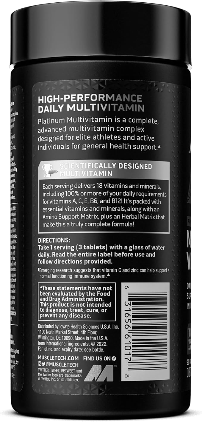 MuscleTech Platinum Multivitamin for Immune Support 18 Vitamins B6 B12 B12 Daily 90 Ct