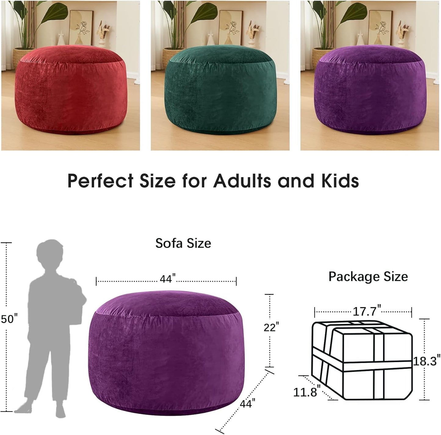 Bean Bag Chairs for Adults - Memory Foam Furniture BeanBag Chair - Kids/Teens Sofa with Soft Micro Fiber Cover - Round Fluffy Couch for Living Room Bedroom College Dorm - 4 ft, Purple