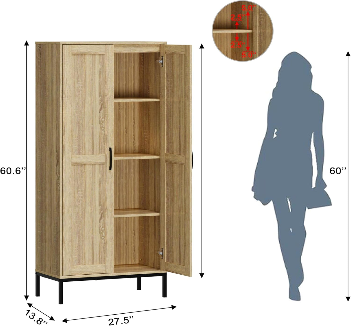 Tall Storage Cabinet, Kitchen Pantry Cabinet with 2 Doors & Adjustable Shelves for Laundry Room, Living Room, Entryway,Bathroom,Natural