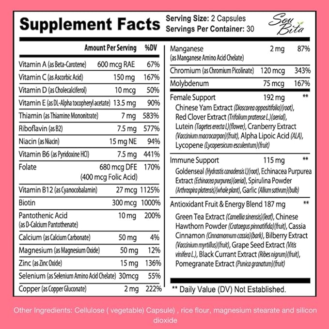 Vitamins for Women – Daily Multivitamins for Women Support for Energy, Immunity, Mood, Hair & Skin – Women's Vitamins A, B12, C, D, E, Zinc, Calcium - Women's Multivitamin in Vegetable Capsules.
