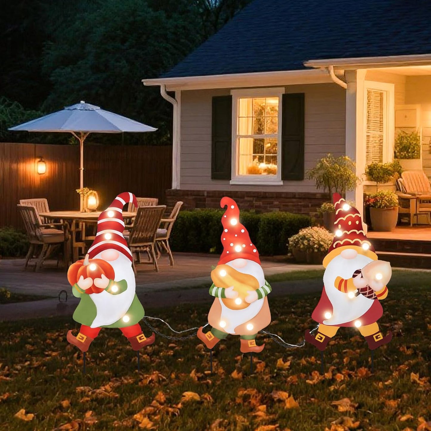 WONDER GARDEN 3 PCS Fall Yard Sign Metal Gnomes Decorative Garden Stakes with Led Lights Autumn Harvest Pumpkin Thanksgiving Garden Lawn Porch Patio Decorations Outdoor