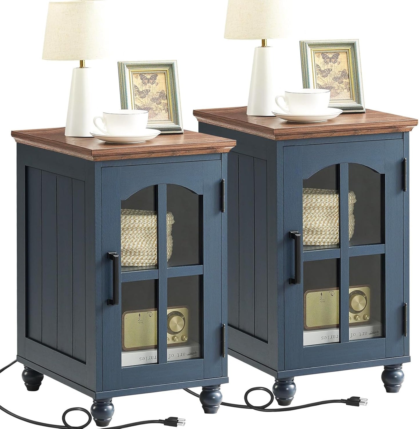 Narrow Side Table Set of 2,Farmhouse Nightstand with Charging Station,End Table with Glass Barn Door Storage, Cabinet Organizer with Adjustable Shelf, Night Stand for Small Spaces Living Room Bedroom