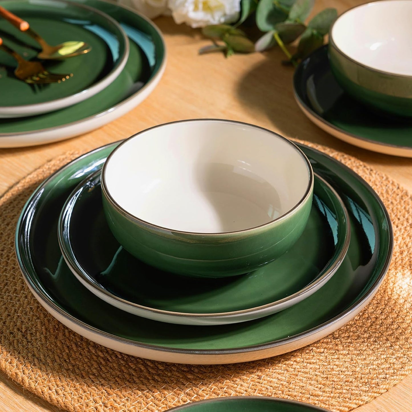GBHOME Ceramic Dinnerware Sets with Pasta Bowl, 16 pcs Stoneware Dinnerware Set, Plates and Bowls Sets, Dishwasher & Microwave Safe, Dishes Set | Service for 4