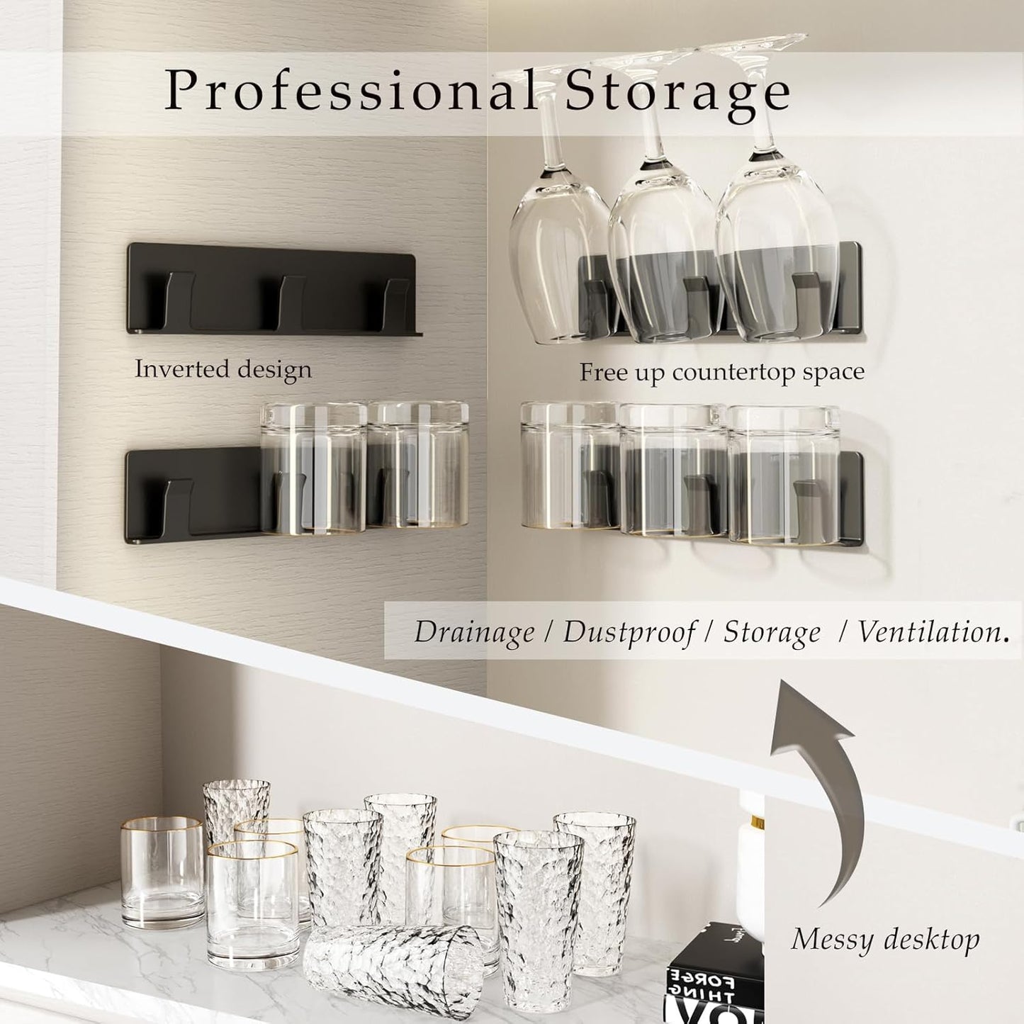 Cup Holder, 2 Pack Wine Glass Holder,No Drilling Installation Wine Glass Holder Wall Mounted for Dining Room, Kitchen and Bar Daily Use (Classic Black)