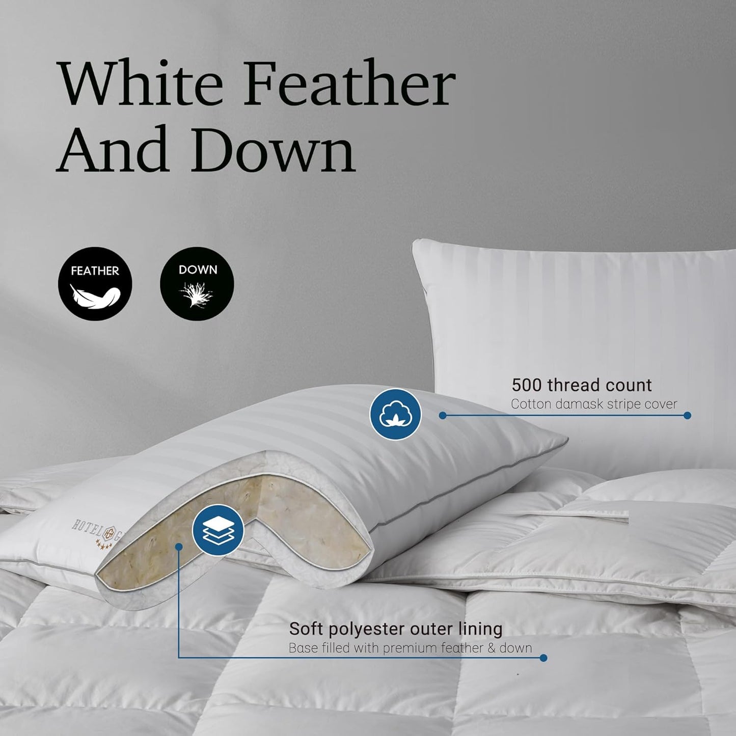 Hotel Grand Softy-Around Feather Down Pillows King Size Set of 2 Packs White Strip 100% Cotton Fabric Bed Pillows for All Position Sleepers,36"x20"/2 Packs