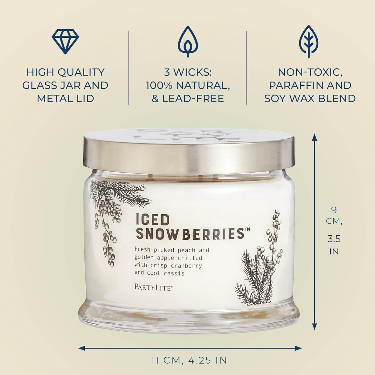 PartyLite Iced Snowberries Scented, Notes of Apple, Cassis, Cranberry, Peach, Strawberry, Berry, Vanilla & Musk,13.2oz 3-Wick Jar Candle, 45 Hour Burn Time, Luxurious Fragrance, Perfect for Gifting