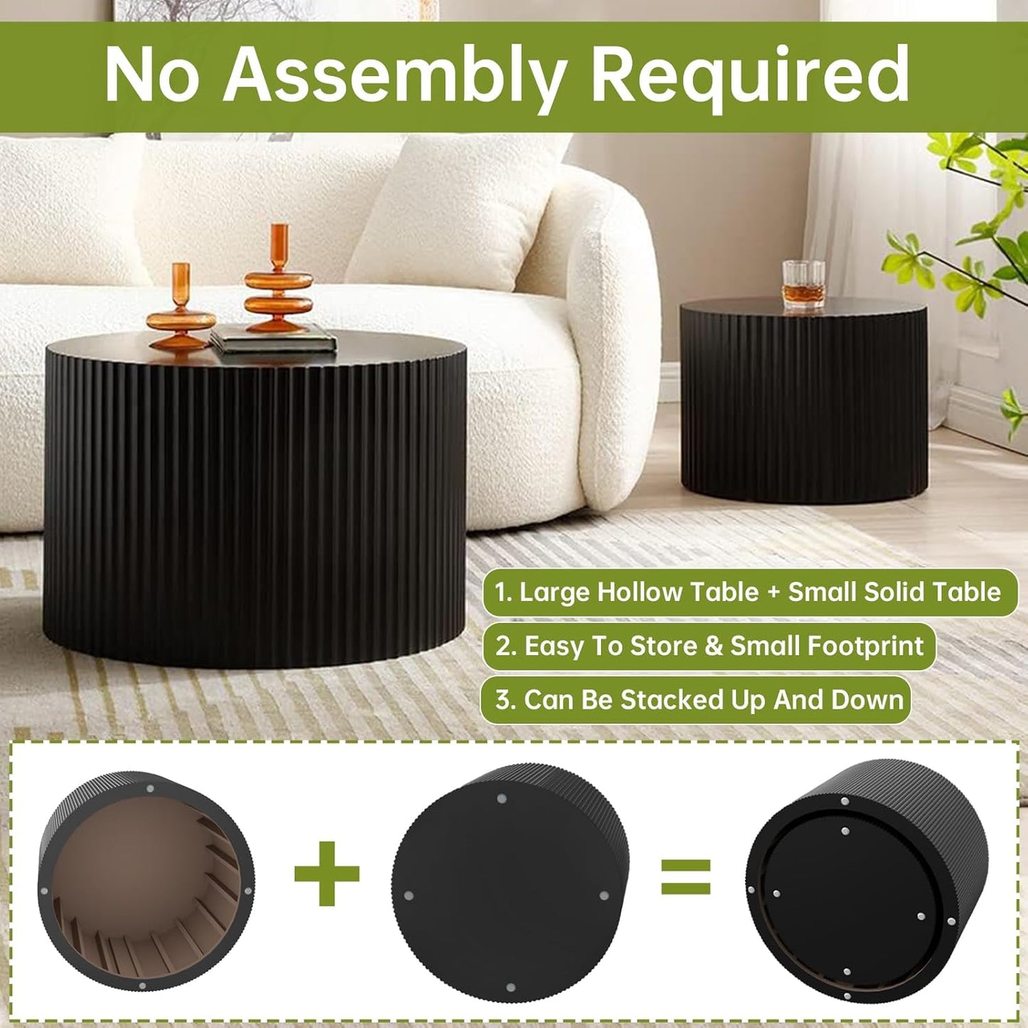 Round Nesting Coffee Table Modern Black Fluted Coffee Table Set of 2 for Living Room Circle Drum Coffee Tables Round Nesting Tables for Small Spaces (Black B 27in)