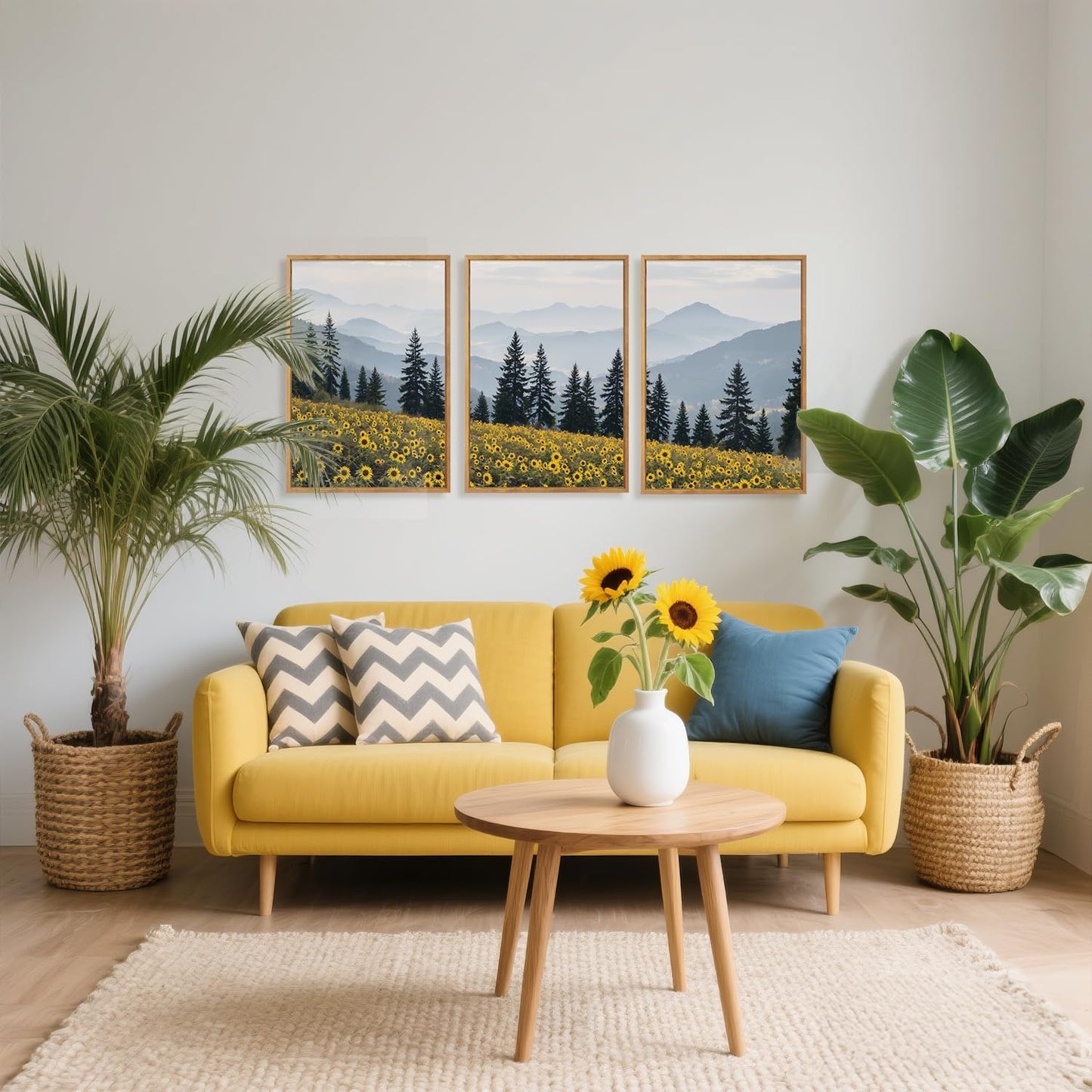 HPINUB Boho Sunflowers Landscape Framed Canvas Wall Art Set,Nature Pine Tree Wall Decor,Abstract Flowers Artwork Rustic Mountain Misty Forest Art Print for Living Room,Bedroom,Office-16 x24 x3