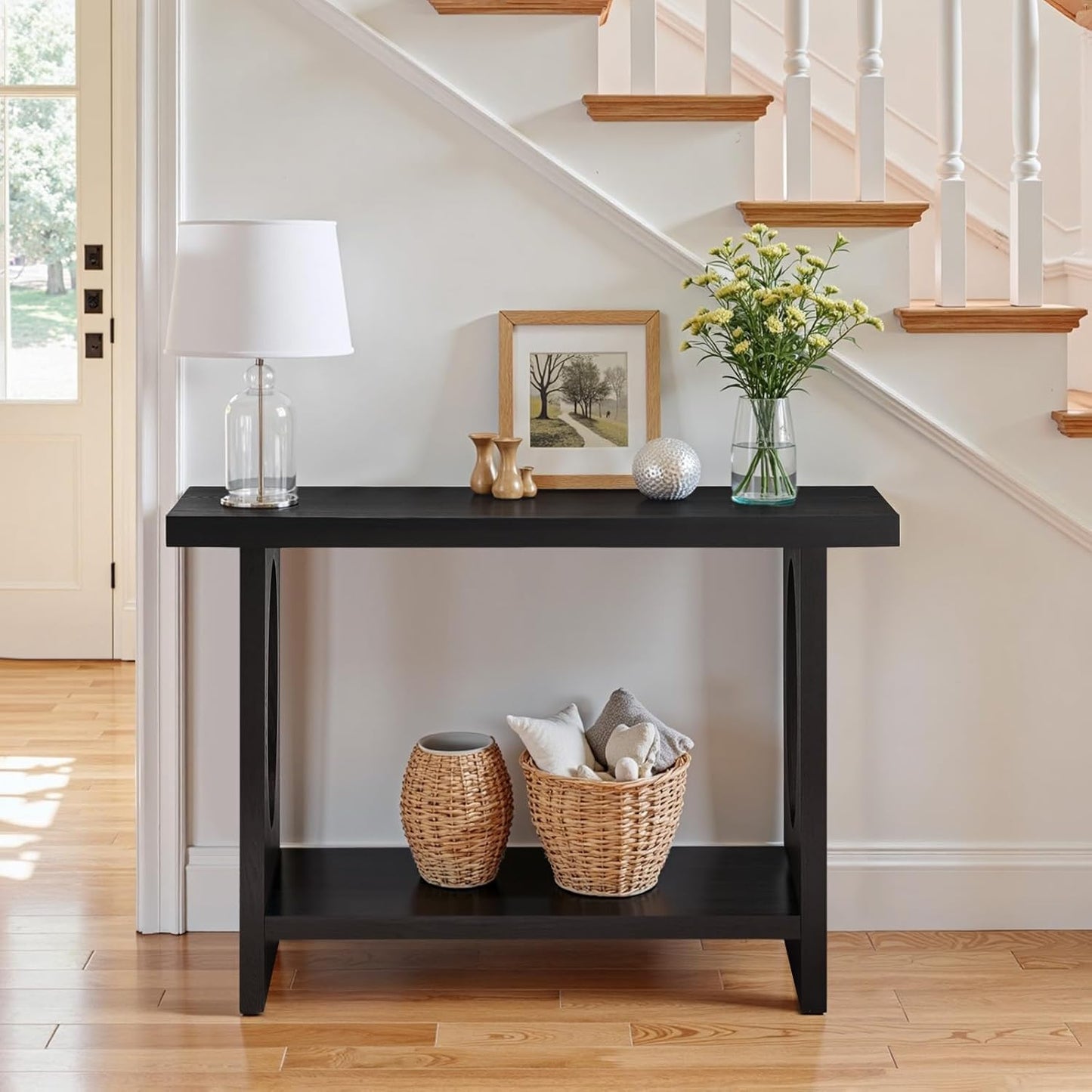 BECHAEO 47-Inch Modern Narrow Console Tables with Solid Wood Veneer - 2’’ Thickened Tabletop, 2-Tier Slim Sofa Table Behind Couch, Rectangle Entryway Table for Hallway Living Room, Black Oak