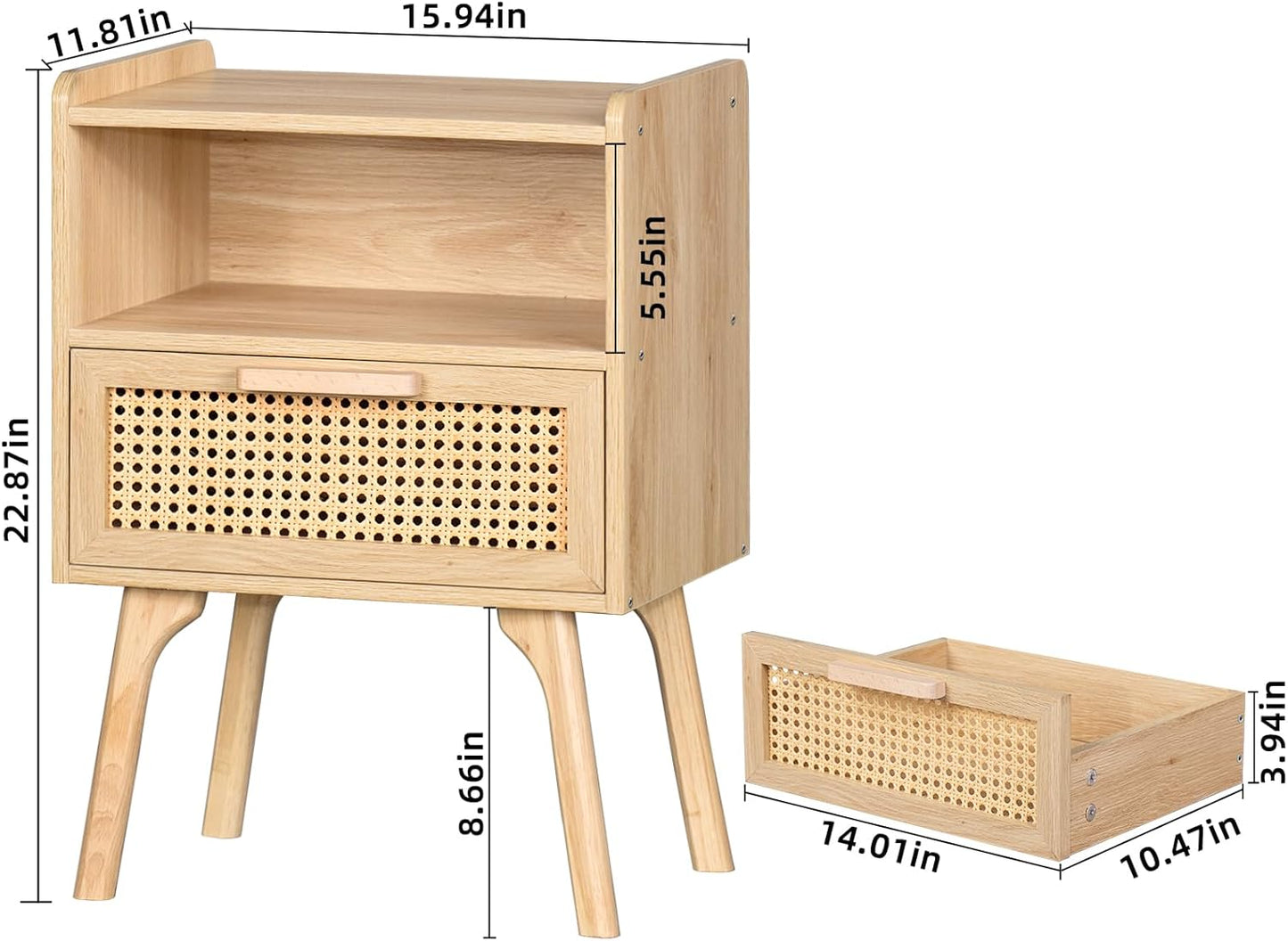 Lerliuo Rattan Nightstands Set of 2, Boho Side Table with Drawer Open Shelf, Cane Accent Bedside End Table with Solid Wood Legs for Bedroom, Dorm and Small Spaces (Natural)