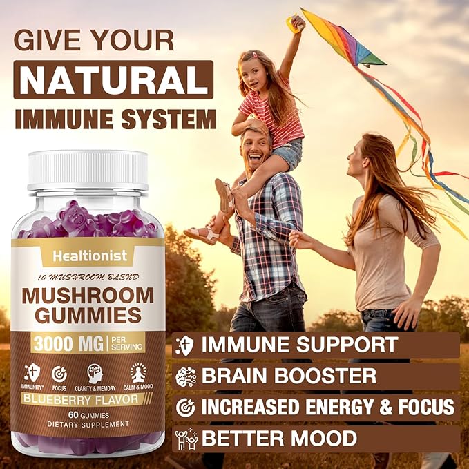3000MG Mushroom Complex Gummies 10 Blend - Lion's Mane Gummies for Adults, Cordyceps, Shiitake, Reishi, Chaga, - Brain, Immune Support & Stress Relief, Energy, Mushroom Supplement for Men & Women 60ct