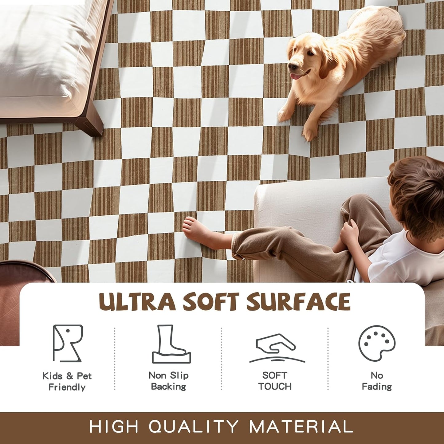 jinchan 3x5 Brown Checkered Area Rugs for Kids Room - Machine Washable Rug Modern Neutral Geometric Lattice Soft Non-Slip Carpet for Nursery Playroom Bedroom Entryway Living Room Home Office