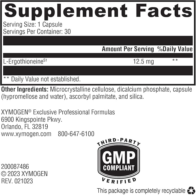 XYMOGEN MitoPrime - Fermentation-Based L Ergothioneine - Antioxidant Supplement to Support Brain Health + Already-Healthy Glutathione Levels in The Body (30 Capsules)