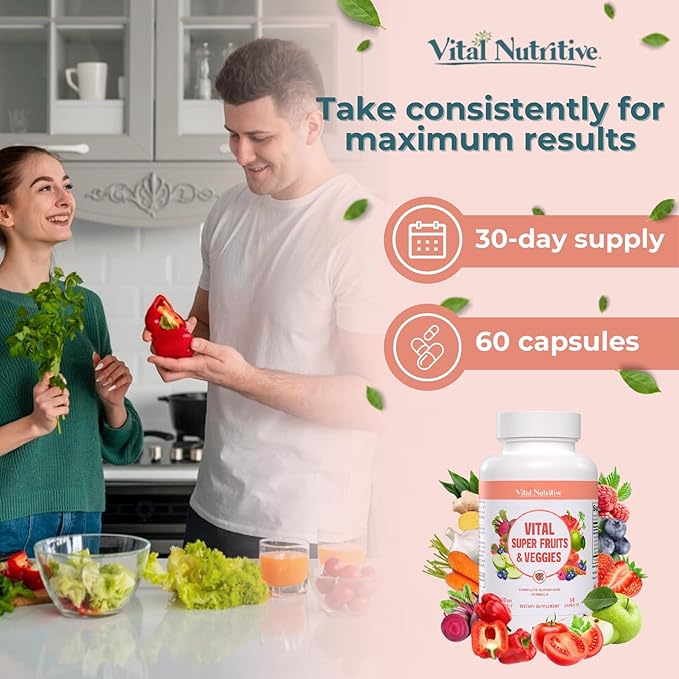 Vital Super Fruits & Veggies - Daily Superfood Capsules for Adults - Fruit & Vegetable Supplements to Boost Immunity & Energy - 2-in-1 Formula for Overall Wellness - Fruit and Vegetable Capsules