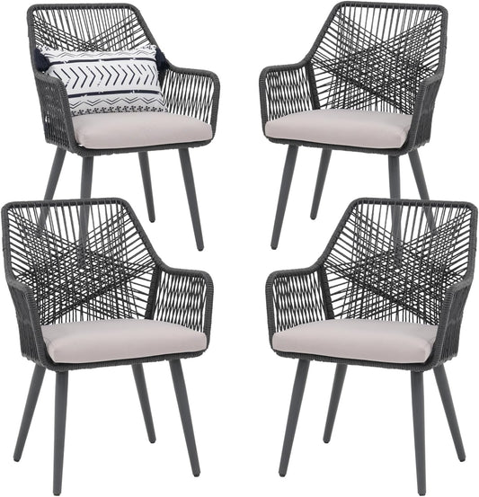 Patiorama Patio Dining Chair Set of 4, Woven Rope Outdoor Dining Chairs w/Steel Frame, All-Weather Twisted Rattan Chairs w/Armrest & Cushion, Outdoor Dining Wicker Chairs for Backyard Garden(Black)
