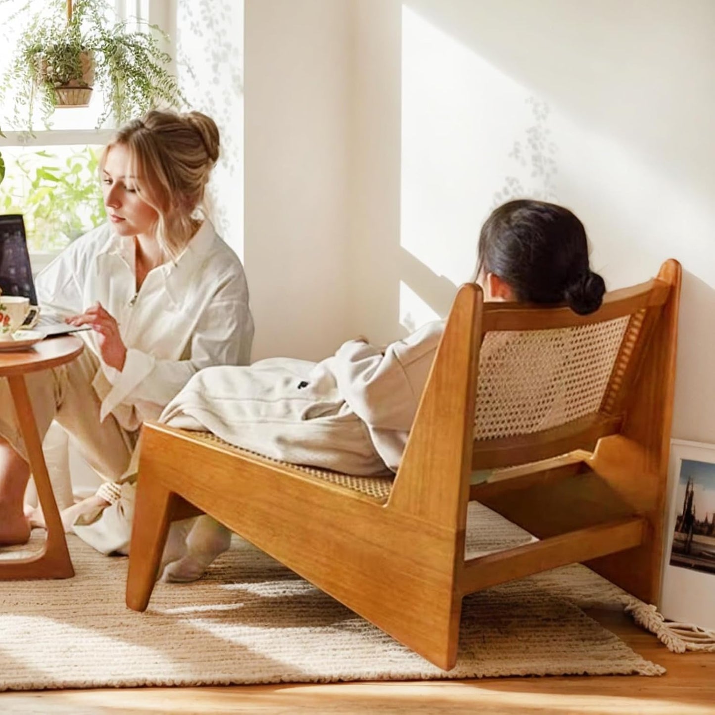 Rattan Accent Chair for Living Room, Mid Century Side Chair, Comfy Bamboo Chairs for Bedroom Reading Room, Wood