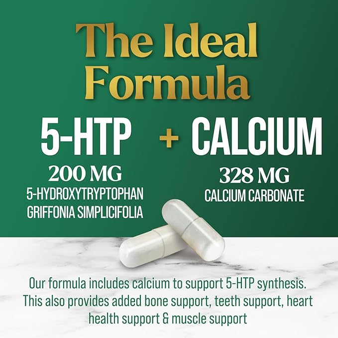 5 HTP Supplement Vegetarian Capsules 200mg 5HTP Plus Calcium for Brain Support - Extra Strength Griffonia Simplicifolia 5-HTP Formula - 5 Hydroxytryptophan - Gluten Free & Non-GMO - 120 Capsules