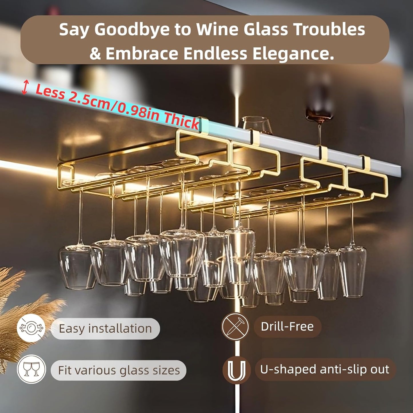 LINFIDITE Gold Under Cabinet Wine Glass Holder, 2 Pack, Space Saving, Easy Installation, Anti-Skid, Compact Design, Sturdy Materials, Affordable Gift