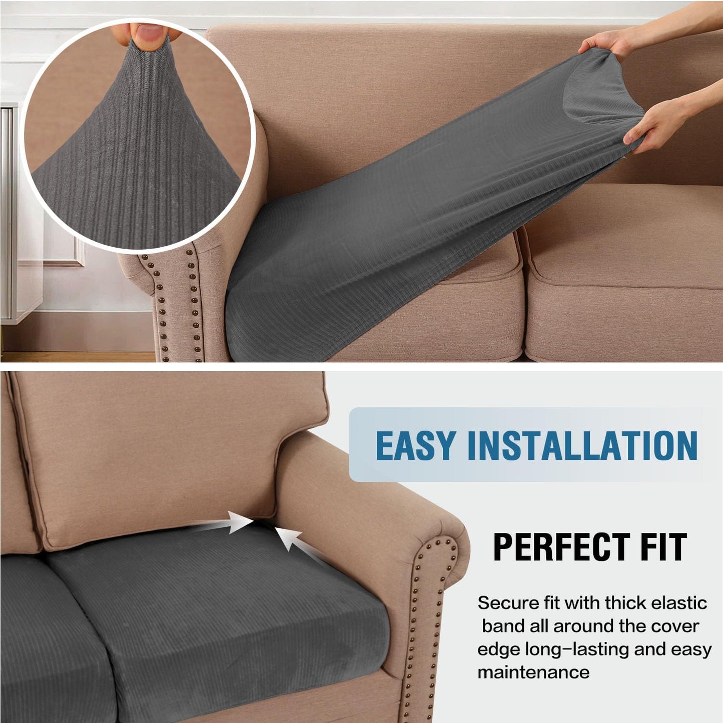 H.VERSAILTEX Velvet Stretch Couch Cushion Cover Plush Cushion Slipcover for Chair Loveseat Sofa Cushion Furniture Protector Seat Cushion Sofa Cover (3 Piece XL Sofa Cushion Covers, Grey Striped)