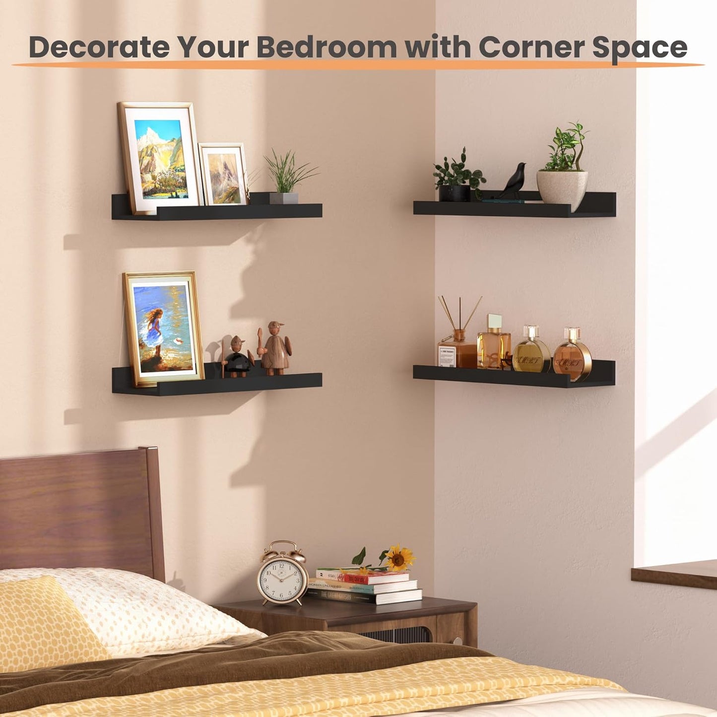 upsimples Floating Shelves for Wall, Wall Shelves for Decor Storage Set of 6, Wall Mounted Wood Shelf for Bedroom, Living Room, Bathroom, Kitchen, Picture Ledge Shelf, Black