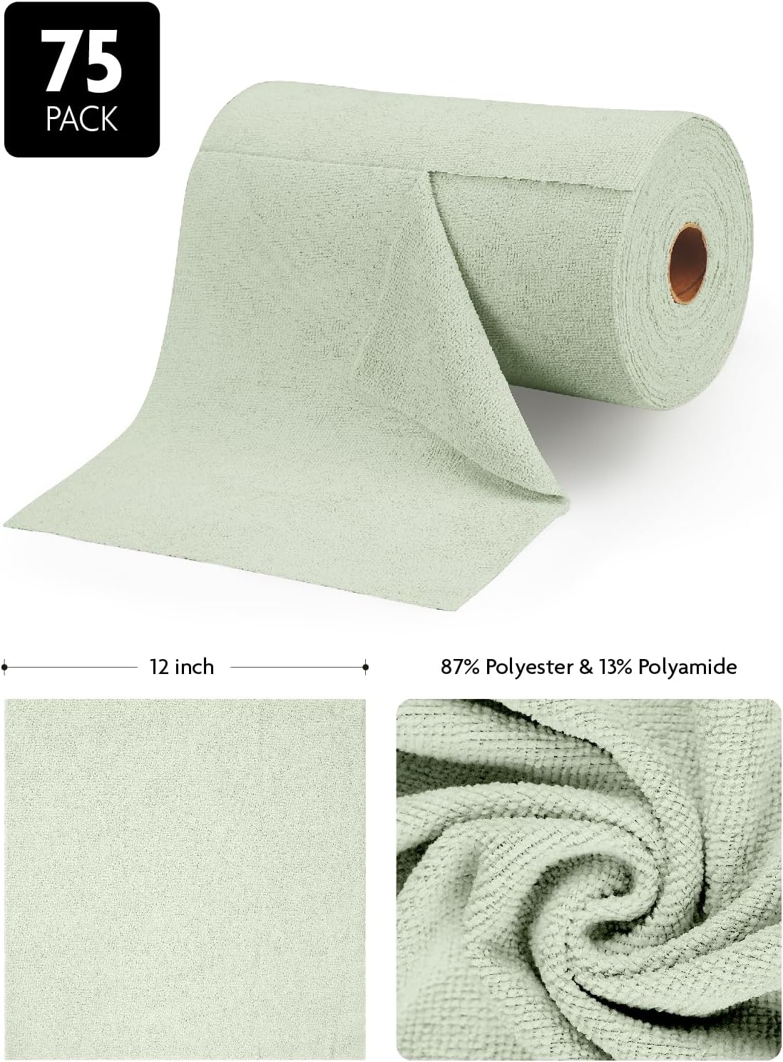 Fantasticlean Microfiber Cleaning Cloth Roll -75 Pack, Tear Away Microfiber Towels, 12" x 12", Reusable, Washable, Scratch Free, Ultra Absorbent Dish Rags for Car, Home, Garage or Shop (Moss Green)