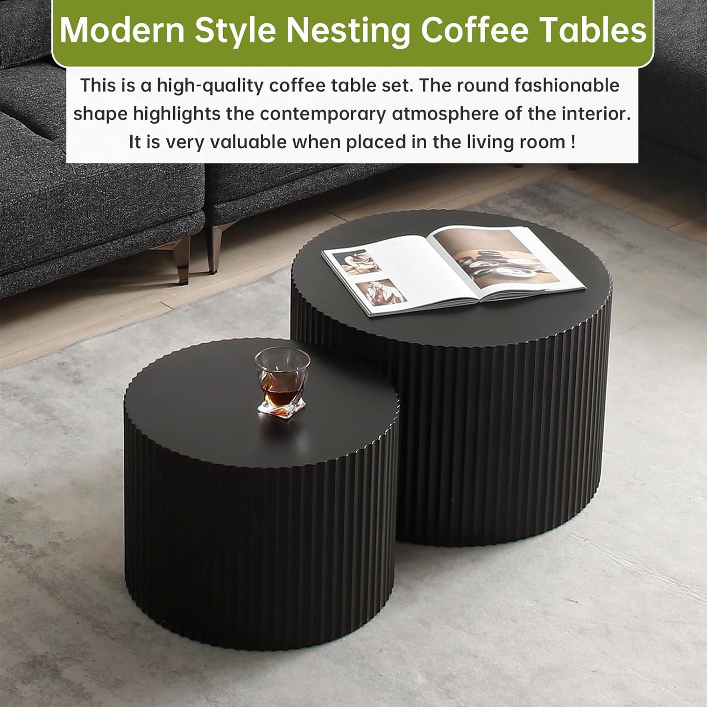 Round Nesting Coffee Table Modern Black Fluted Coffee Table Set of 2 for Living Room Circle Drum Coffee Tables Round Nesting Tables for Small Spaces (Black B 27in)