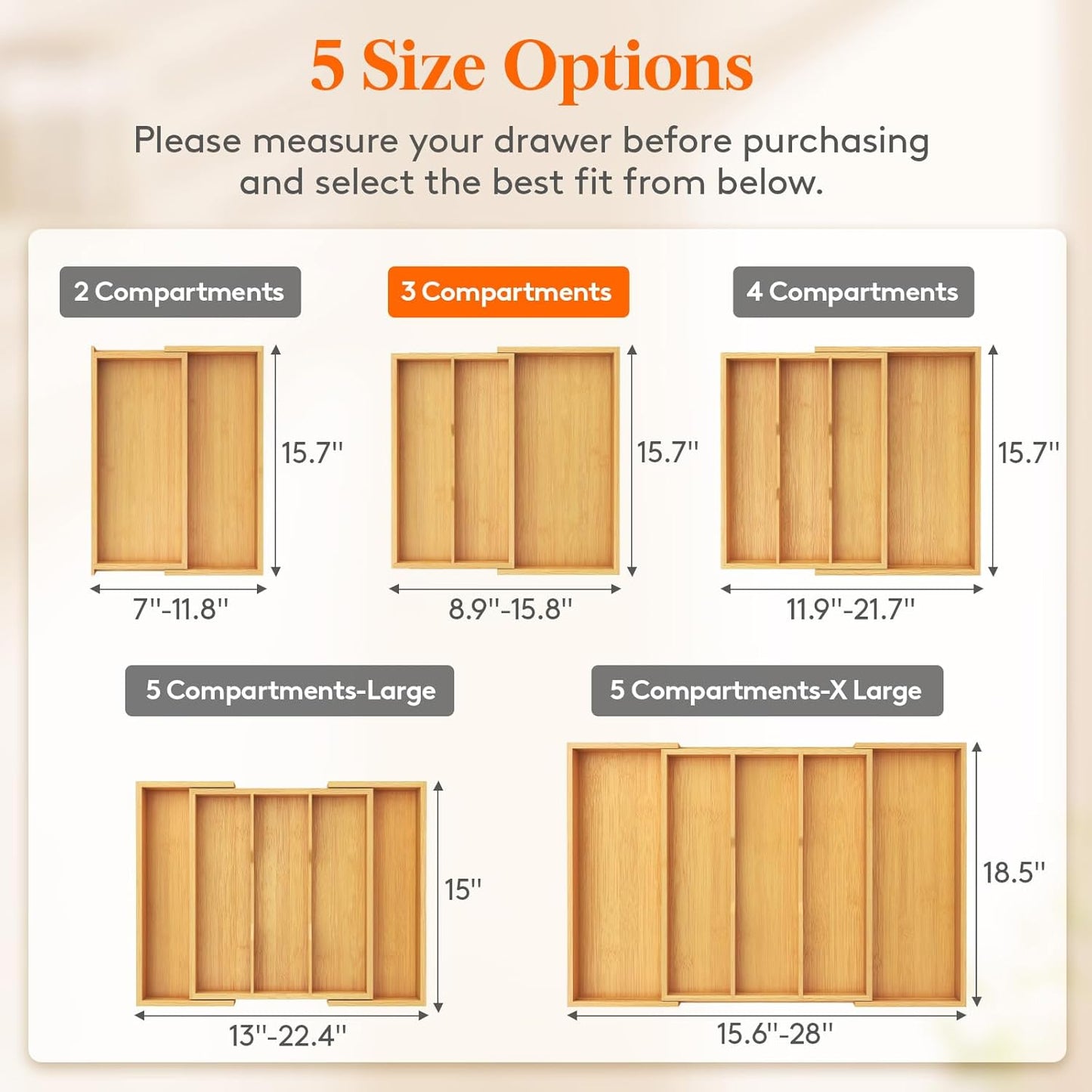 Lifewit Utensil Drawer Organizer, Expendable Cooking Silverware Tray for Kitchen Drawer, Bamboo Adjustable Cutlery Flatware Holder, Spatula Tools and Gadgets Storage Divider, 3 Compartments, Black