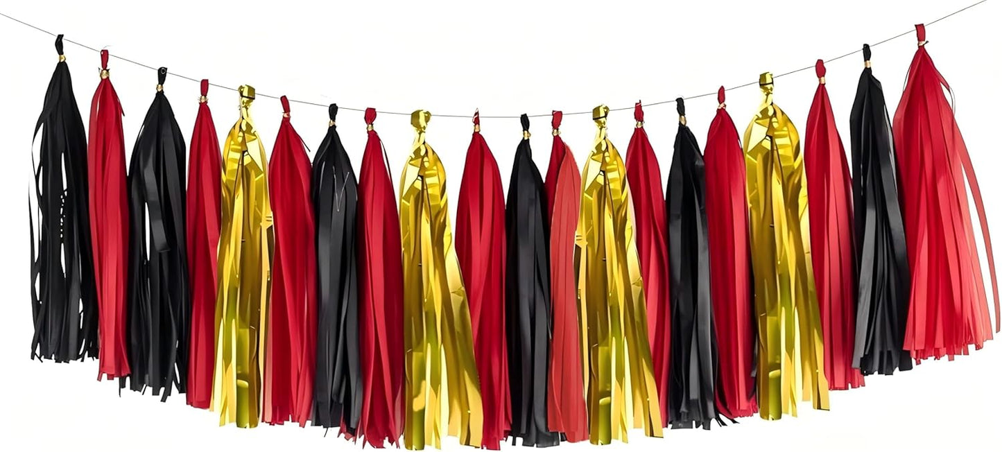 Gold, red, and Black Tissue Tassel Garlands, Party Decoration Tissue Tassel Banner, Set of 15 Pieces