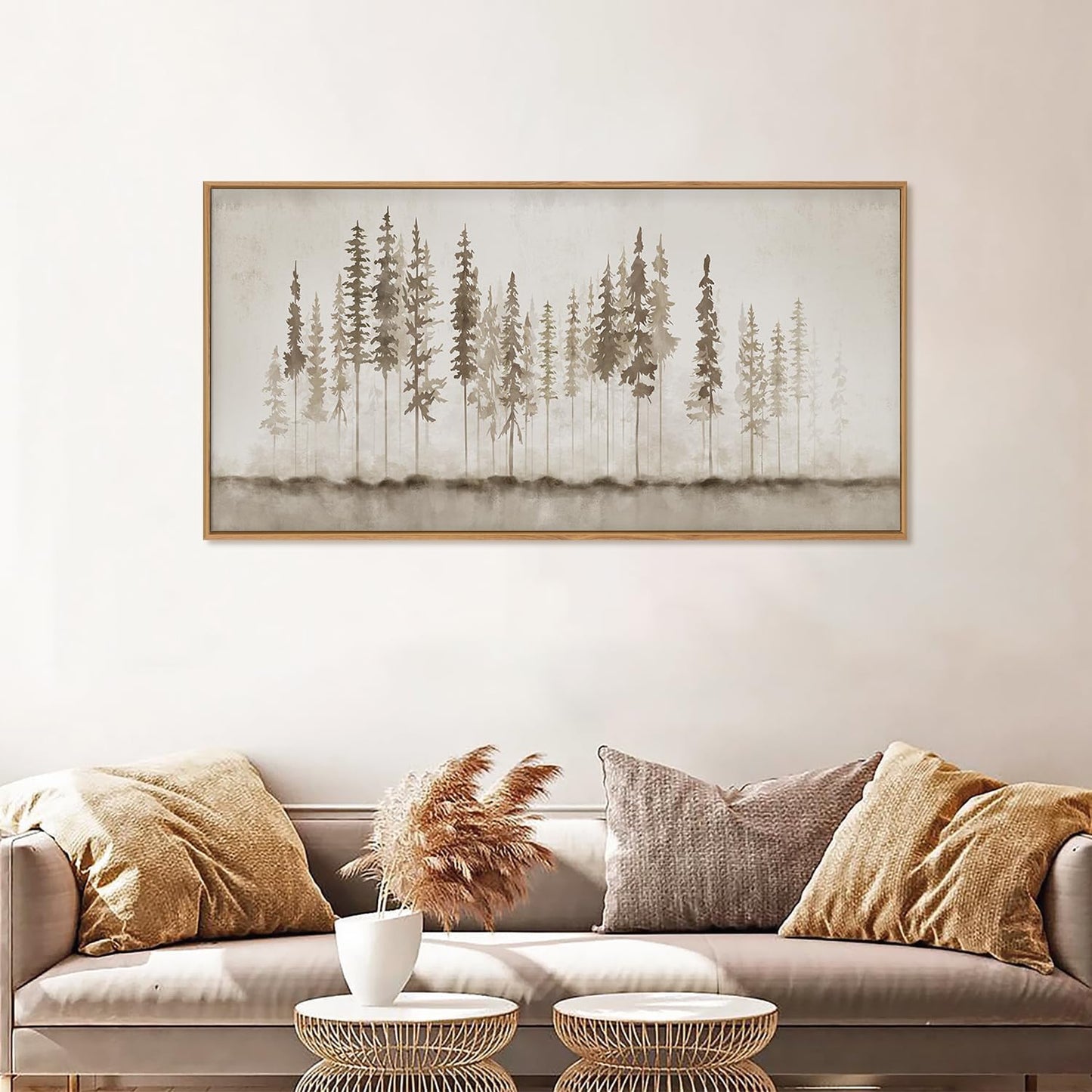 HPINUB Misty Forest Framed Canvas Wall Art Set, Foggy Pine Tree Wall Decor, Pastel Nature Landscape Wall Painting, Evergreen Coniferous Plant Art Print for Living Room, Bedroom, Office - 20"x40"