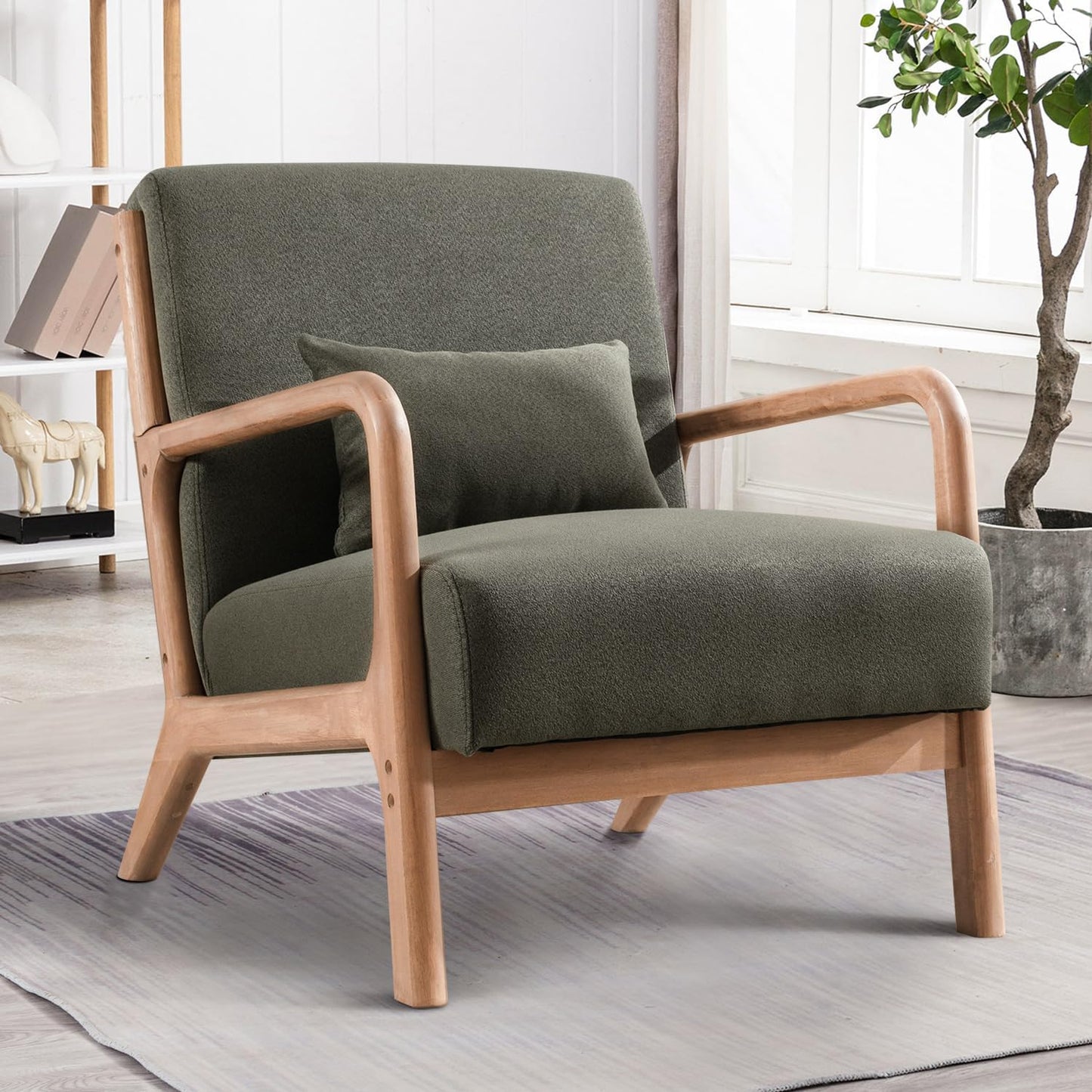 INZOY Mid Century Modern Accent Chair with Wood Frame, Upholstered Living Room Chairs with Waist Cushion, Reading Armchair for Bedroom Sunroom (Green)