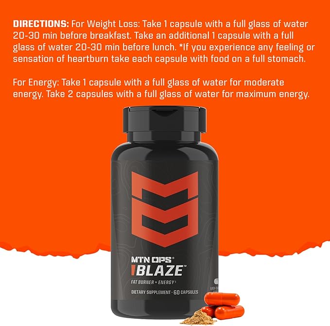 MTN OPS Blaze Fat Burner & Thermogenic Metabolism Booster for Weight Loss, 210mg of Caffeine per Serving Caffeine Pills for Energy Boost, 30 Servings