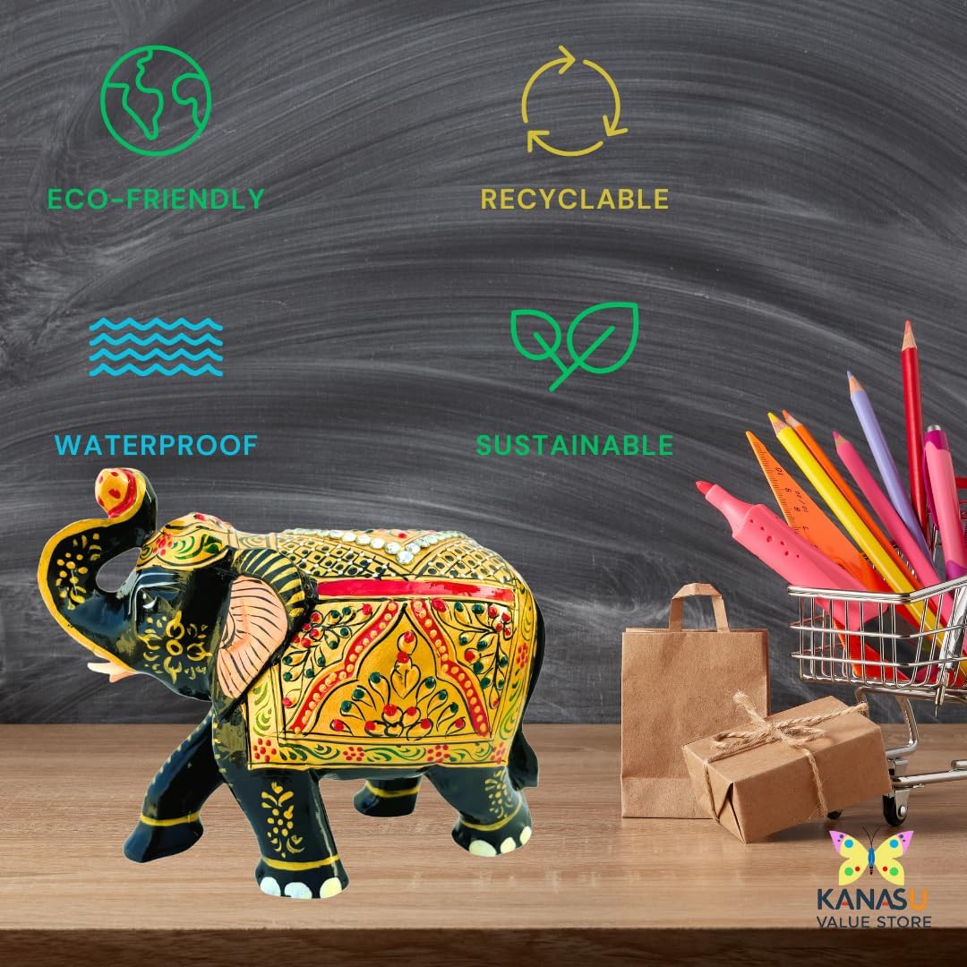 Handcrafted Wooden Elephant Figurine β Traditional Artwork, Gold & Gemstone Embellishments β Lucky Decorative Elephant Statue for Prosperity | Beautiful Elefantes Decorativos para Sala (Black & Gold)