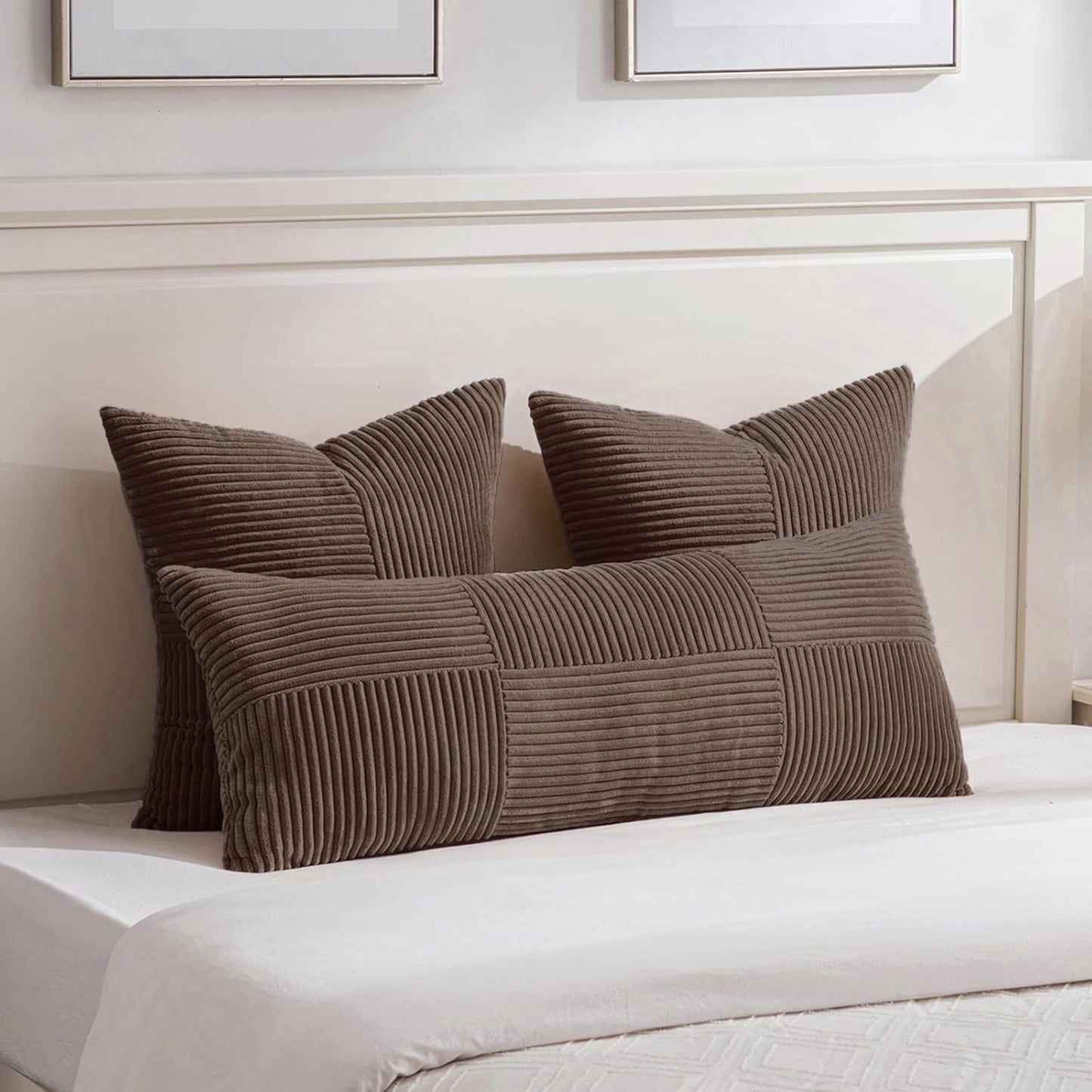 Fancy Homi 2 Packs Dark Brown Decorative Throw Pillow Covers 22x22 Inch for Living Room Couch Bed Sofa, Rustic Farmhouse Boho Home Decor, Soft Corss Corduroy Patchwork Accent Cushion Case 55x55 cm