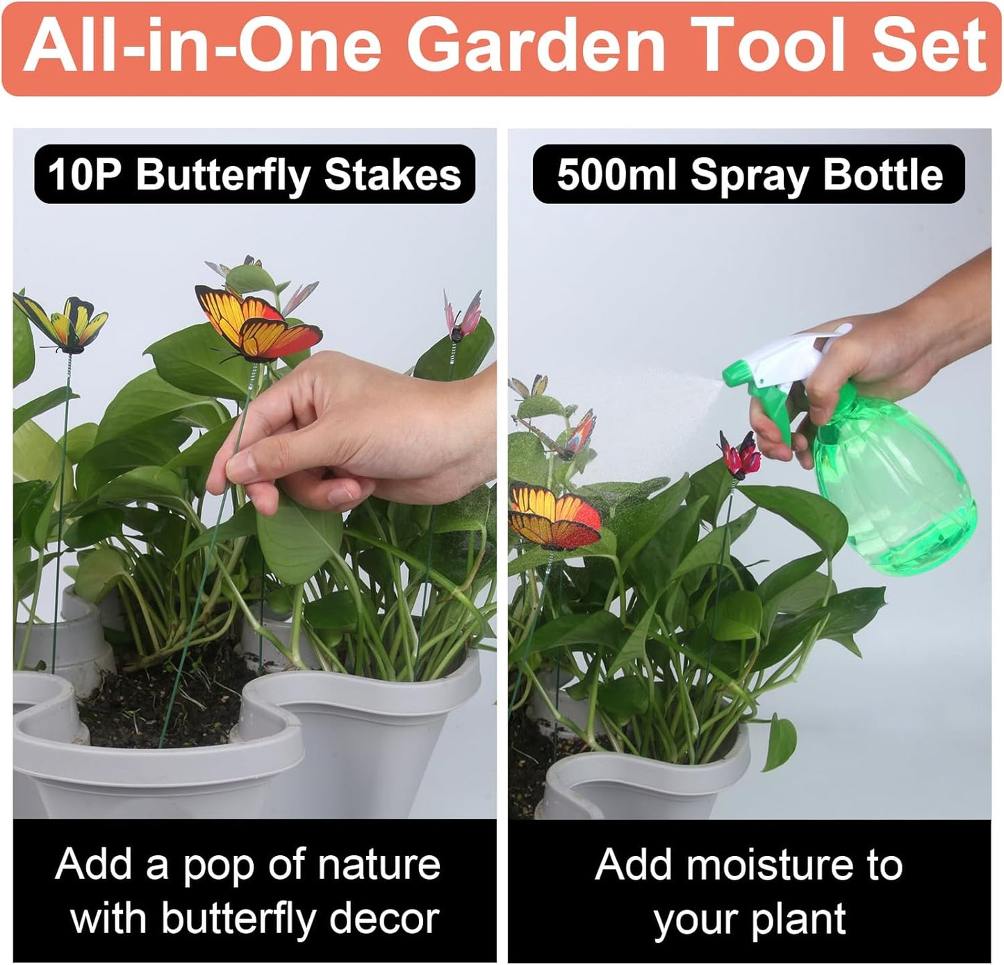 DUNCHATY Stackable Planter, Vertical Strawberry Planter with Garen Tool Set, Self Watering Garden Planter Indoor/Outdoor 5 Tier Herb Planter Pots for Growing Vegetables and Succulents, Gray