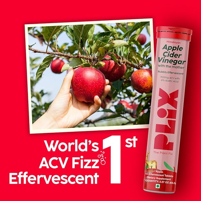 PLIX THE PLANT FIX Apple Cider Vinegar Effervescent Tablets with The Mother, 700mg ACV with VIT B12, B6, Pack of 8 |Vegan, No Added Sugar, Non-GMO & Gluten-Free