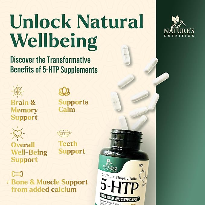 5 HTP Supplement Vegetarian Capsules 200mg 5HTP Plus Calcium for Brain Support - Extra Strength Griffonia Simplicifolia 5-HTP Formula - 5 Hydroxytryptophan - Gluten Free & Non-GMO - 120 Capsules