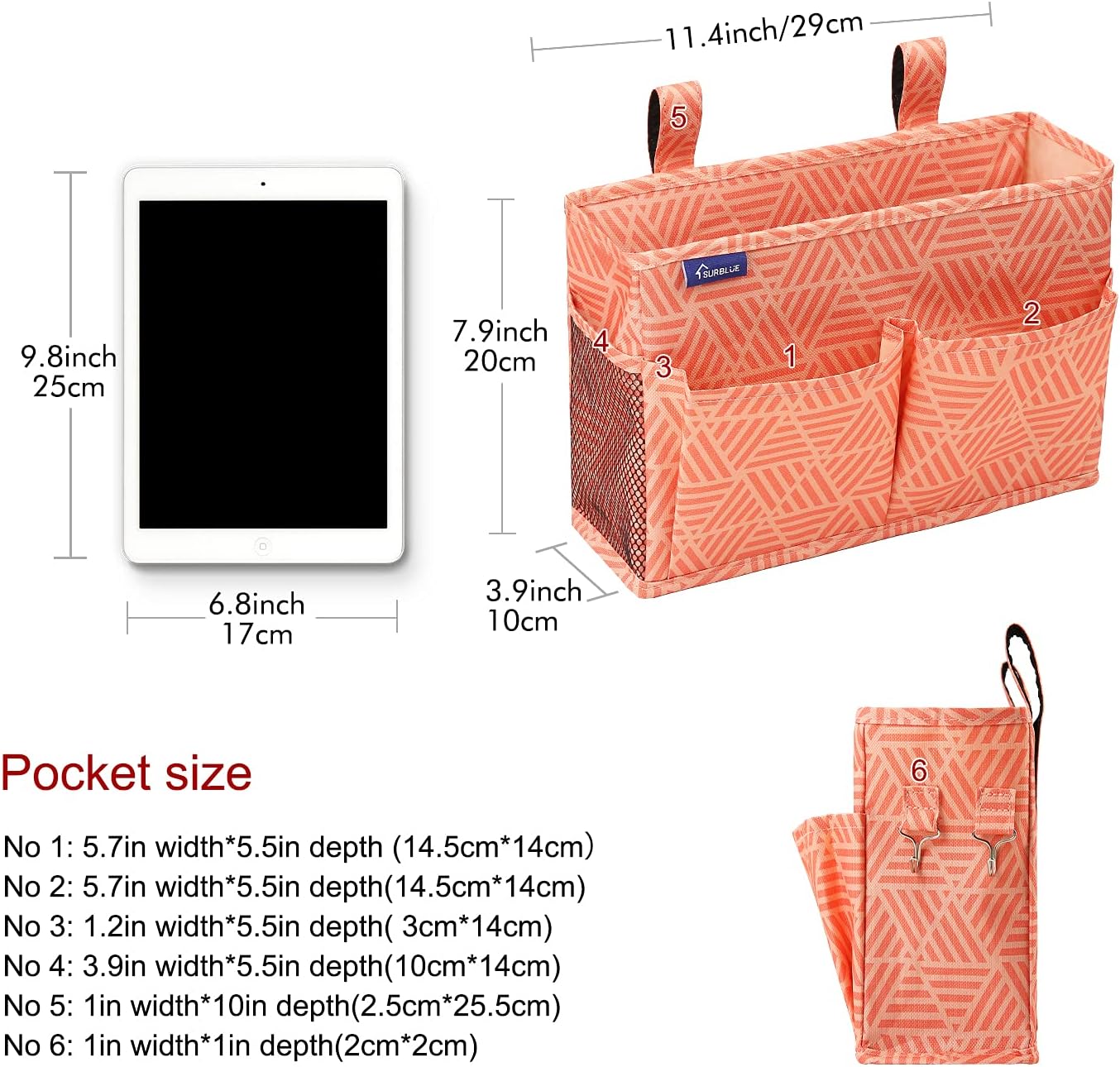 Surblue Bedside Caddy Hanging Bed Organizer Storage Bag Pocket for Bunk and Hospital Beds, College Dorm Rooms Baby Bed Rails,Camp Chiars,Wheelchair Side Bag,4 Pockets and 2 Hooks (Orange Plaid)
