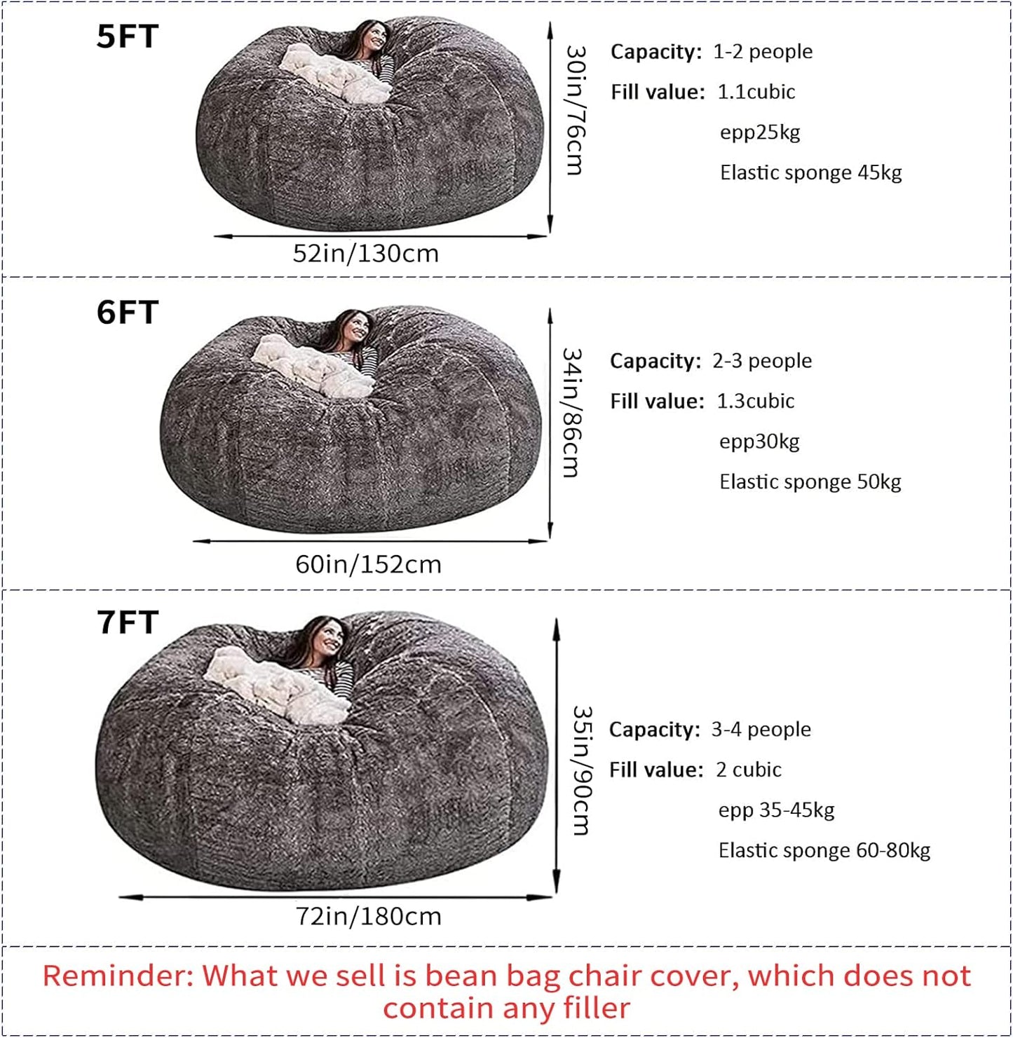 Big Huge Giant Bean Bag Chair for Adults, (No Filler) Bean Bag Chairs in Multiple Sizes and Colors Giant Foam-Filling Required- Machine Washable Covers, Double Stitched Seams (Burgundy,7FT)