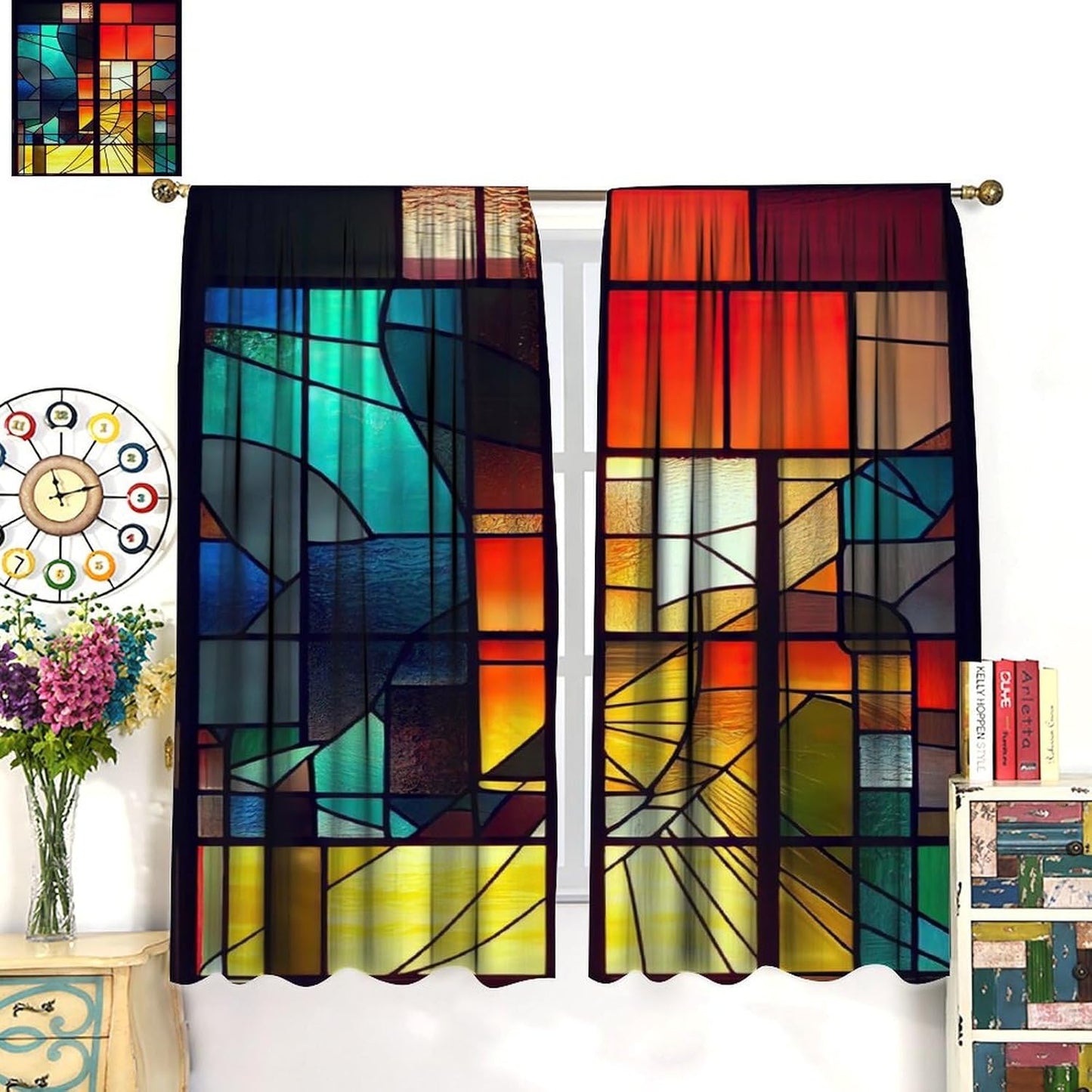 Stained Glass Curtains,Retro Abstract Colorful Geometry Textures Art Home Decor Drapes for Bedroom Living Room Kitchen Window Treatment 2 Panels Set Total Size 63" W X 63" L Inch